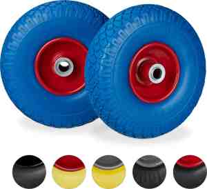 Foto: Relaxdays 2x steekwagenwiel blauw rood rubberband bolderkar 100 kg stalen velg