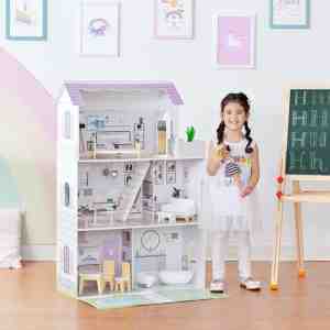 Foto: Teamson kids groot 3 niveau houten poppenhuis voor 12 poppen inrichting kinderspeelgoed witpurper