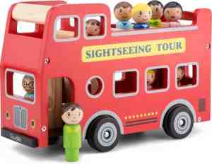 Foto: New classic toys houten speelgoedvoertuig city tour bus   inclusief chauffeur en acht passagiers
