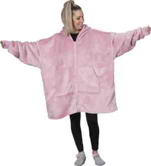 Foto: Q living hoodie deken   extra lang dik   snuggie   plaid met mouwen   snuggle hoodie   fleece deken met mouwen   1450 gram   lotus roze met rits