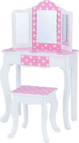 Foto: Teamson kids houten kaptafel kinderen met led licht spiegel tafel en stoel set polka dot roze wit