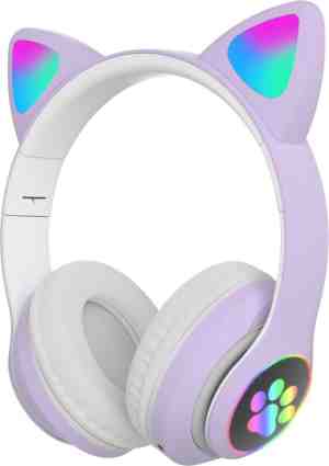 Foto: Kinder hoofdtelefoon   cat headphones draadloze koptelefoon bluetooth met led kattenoortjes paars koptelefoon voor kinderen   met led kat oortjes met verlichting poot