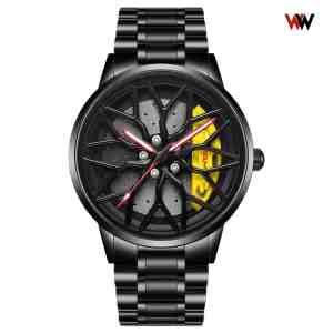 Foto: Wielwatch horloge amg geel draaibaar sportauto horloges met stalen band herenmode velghorloge cadeau mannen autovelg autoliefhebber horloge jongens