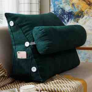 Foto: Leeskussen kussen voor lezen in bed en bank rugkussen boekenkussen met kussenrol comfortabel bookseat meditatiekussen onderrug groen