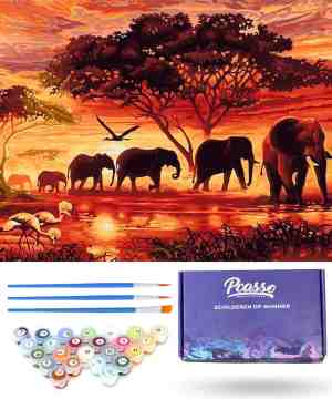 Foto: Pcasso olifanten zonsondergang schilderen op nummer incl 6 ergonomische penselen geschenkverpakking schilderen op nummer volwassenen schilderen op nummer dieren kleuren op nummer 40x50 cm professionele 26 delige set