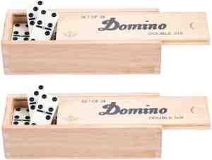 Foto: Domino spel dubbel 6double 6 in houten doos en 56x stenen   dominostenen   domino spellen   familie spellen