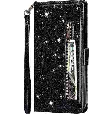 Foto: Luxebass hoesje geschikt voor samsung galaxy a02s glitter bookcase met rits   hoesje   portemonneehoesje   zwart   telefoonhoes   gsm hoes   telefoonhoesjes