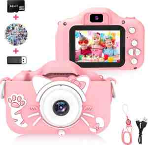Foto: Ilona digitale kindercamera hd 1080p inclusief frozen stickervel   speelgoedcamera   32gb micro sd kaart   fototoestel voor kinderen   roze