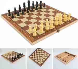 Foto: Magnetic game board set 3in1 schaakbord damspel schaken backgammon hout schaakset chess opklapbaar 29cm