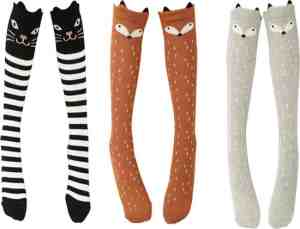 Foto: Kniekousen meisjes 6 12 jaar 3 paar verschillende lange sokken dieren zwart bruin grijs 100 katoen