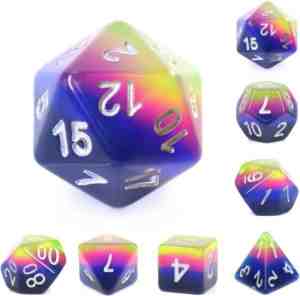 Foto: Polyset dice dobbelstenen   set van 7 stuks   blauw roze geel transparant zilver voor dd en andere rollenspellen plastic dobbelstenen set voor dungeons and dragons polyhedral dice set met mooie zwarte velvet dice bag voor ongeveer 3 sets