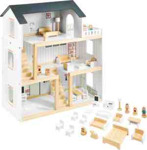 Foto: Houten poppenhuis mamabrum met meubels en accessoires droomhuis bouwpakket maken poppenhuisinrichting poppen met meubeltjes en poppetjes wit pop huis dollhouse diy groot