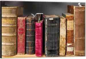 Foto: Dibond oude boeken in kast 120x80 foto op aluminium wanddecoratie van metaal