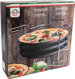 Foto: Pizzaplaat bakset met 3 bakplaten 29 cm   pizza rek 3 delig   pizzabakset met standaard   3 pizzaplaten   pizzas bakken