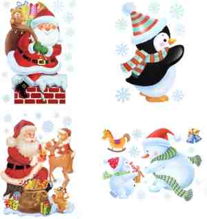 Foto: Set van 4 glitter raamstickers kerstmis   raamdecoratie   stickers   kerstman   sneeuwpop   pingun   29 5 x 40 cm
