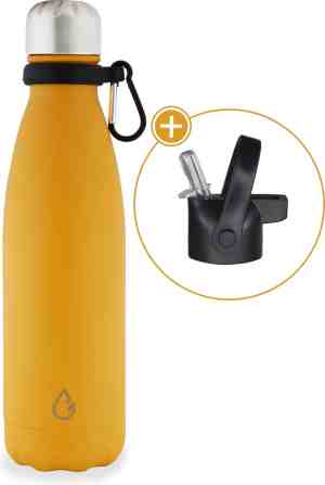 Foto: Wattamula design eco rvs drinkfles okergeel extra dop met rietje en carrier 500 ml waterfles thermosfles sport