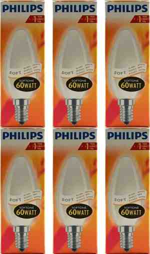 Foto: Philips   kaarslamp   60watt   e14 fitting   gloeilamp   softone wit   melkglas   dimbaar   kleine fitting   60w   6 stuks