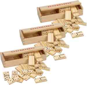 Foto: 5 x doosje houten domino spel in kistje 140 dominostenen gezelschapsspel familiespel
