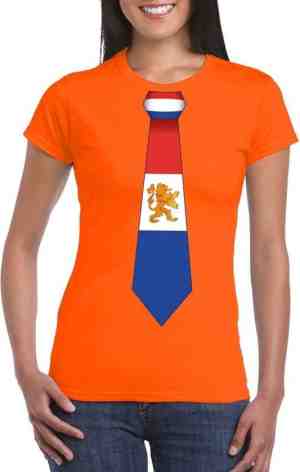 Foto: Oranje t shirt met hollandse vlag stropdas dames   oranje koningsdag holland supporter kleding l