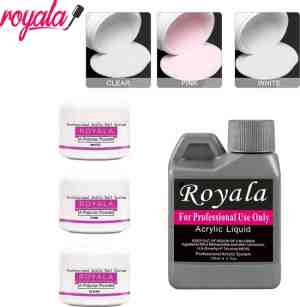 Foto: Royala acrylnagels starters set   120 ml acryl vloeistof 3 kleuren acrylpoeder   wit transparant roze   nagel acryl poeder   acryl liquid   monomeer   polymer powder   acryl vloeistof
