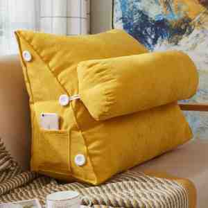 Foto: Leeskussen kussen voor lezen in bed en bank rugkussen boekenkussen met kussenrol comfortabel bookseat meditatiekussen onderrug geel