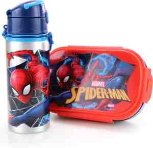 Foto: Spiderman lunchset broodtrommel aluminium drinkfles zilver sportfles lunchbox kinderen ls24