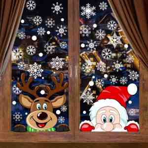 Foto: Flooq   kerst versiering   raam stickers   decoratie   sneeuwvlokken   kerstman   rendier   kerst stickers   herbuikbaar   3 vellen