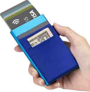 Foto: Imperatoris luxe slim kaarthouder pasjeshouder portemonnee aluminium uitschuifbaar rfid nfc beveiliging blauw