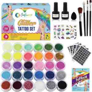 Foto: Craftiverse   glitter tattoo set compleet   212 sjablonen   30 kleuren   huidlijm voor glitters   kinderen   jongens en meisjes   inclusief handleiding