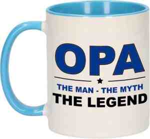 Foto: Opa the man the myth the legend cadeau mok beker wit en blauw   300 ml   verjaardag   kado koffiemok theebeker