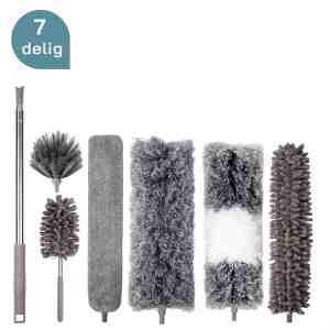 Foto: Fordig 7 delige plumeau set duster met telescoopsteel uitschuifbaar tot 250 cm inclusief ragebol voegenborstel microvezel doek chenille borstel wasbaar 360 graden draaibaar