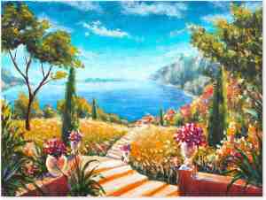 Foto: Graphic message tuin schilderij op outdoor canvas uitzicht op zee doorkijkje turquoise buiten