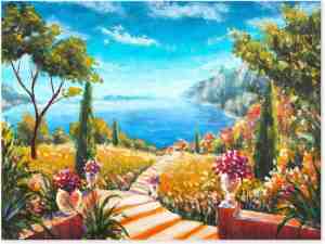 Foto: Graphic message tuin schilderij op outdoor canvas uitzicht zee doorkijkje turquoise buiten
