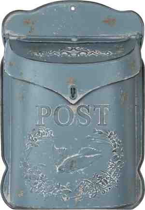 Foto: Haes deco brievenbus vintage blauw metaal met vogel bedrukt en tekst post formaat 26x8x39 cm