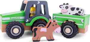 Foto: New classic toys houten tractor met aanhanger en dieren   groen