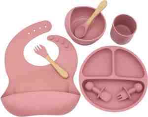 Foto: Vardaan kinderservies   kinderbord en kom met zuignap   5 delig babyslabbetje met opvangschaal babybord en kommen set peuterbordjes vork lepel bpa vrij   roze