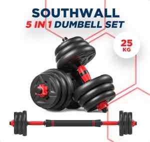 Foto: Southwall 5 in 1 dumbbells tot 25 kg halterset dumbells verstelbaar kettlebell halterstang gewichten barbell set fitness gebruiksvriendelijk multifunctioneel zwart rood