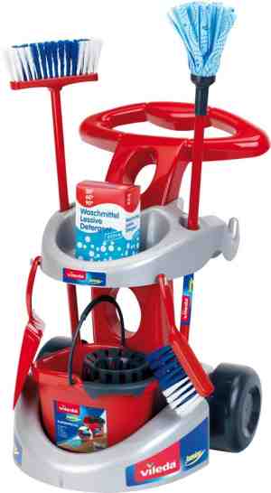 Foto: Klein toys vileda reinigingswagen dweil bezem en verscheidene huishoudelijke accessoires 61 cm lange 555 rood blauw
