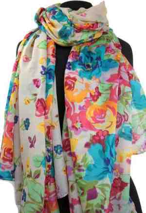 Foto: Beige dames sjaal met kleurrijke bloemen 110 x 180 cm