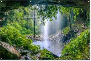 Foto: Muurdecoratie jungle regenwoud water waterval planten 180 x 120 cm tuinposter tuindoek buitenposter