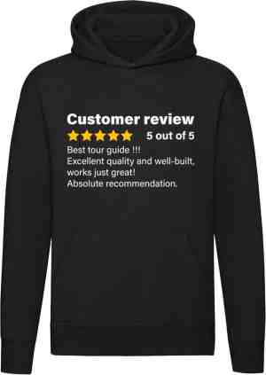 Foto: Customer review tour guide reisgids beoordeling vakantie humor grappig unisex trui sweater hoodie capuchon zwart