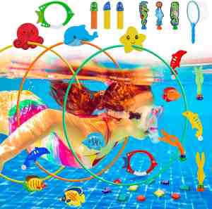 Foto: Wothfav 33 pcs duik pool speelgoed zwembad voor kinderen onderwater zwemmen met door ringen edelstenen dolfijn training gift