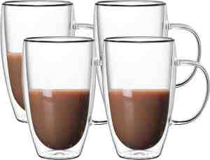 Foto: Dubbelwandige glazen met oor   450 ml   set van 4   koffieglazen   theeglas   cappuccino glazen   latte macchiato glazen   glas