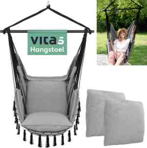 Foto: Vita5 xxl hangstoel binnenbuiten hangnest incl  2 kussens en boekenvak volwassenenkinderen hangmatstoel tot 200kg grijs