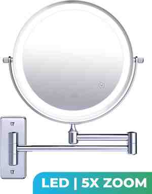 Foto: Make up spiegel met led verlichting   5x vergroting   wandspiegel rond   scheerspiegel wandmodel   badkamer   douche   chroom