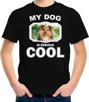 Foto: Sheltie honden t shirt my dog is serious cool zwart kinderen shelties liefhebber cadeau shirt kinderkleding kleding 110 116