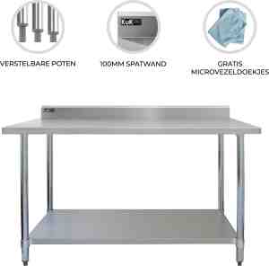 Foto: Commerci le catering werktafel rvs horeca 120 x 60 x 90 cm verstelbare plank poten inclusief 2 microvezeldoeken 10 cm spatrand