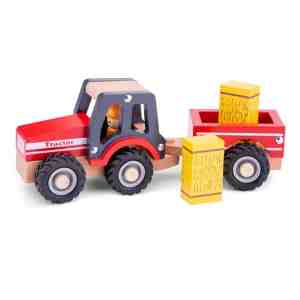 Foto: New classic toys houten tractor met aanhanger   rood