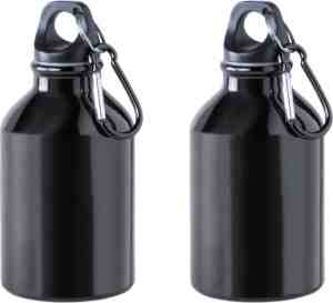 Foto: 2x stuks aluminium waterflesdrinkfles zwart met schroefdop en karabijnhaak 330 ml   sportfles   bidon