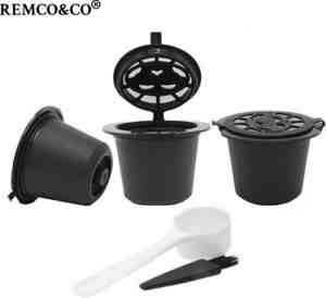 Foto: Koffiecapsulefilterkop 4 stuks hervulbare capsulefilter met een lepel en borstel voor nespresso koffiemachines zwart